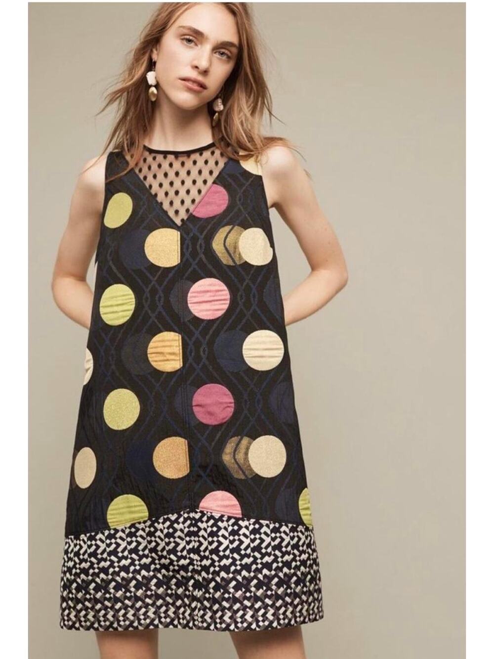 Anthropologie Maeve M Blue Multi Tilde Shift Dress Polka Dot Chic